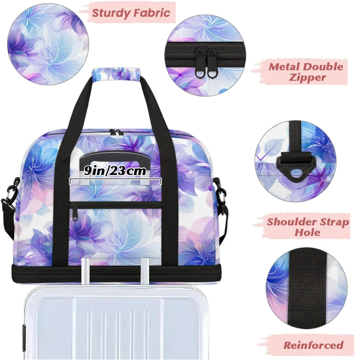 Purple Flower BeautifulTravel Duffel Bags for Women & Men Large Sports Gym Bags Foldie Weekender Overnight Bag Carry On Tote Bag With Shoe Compartment Personal Item Bag for Travel Sports Gym