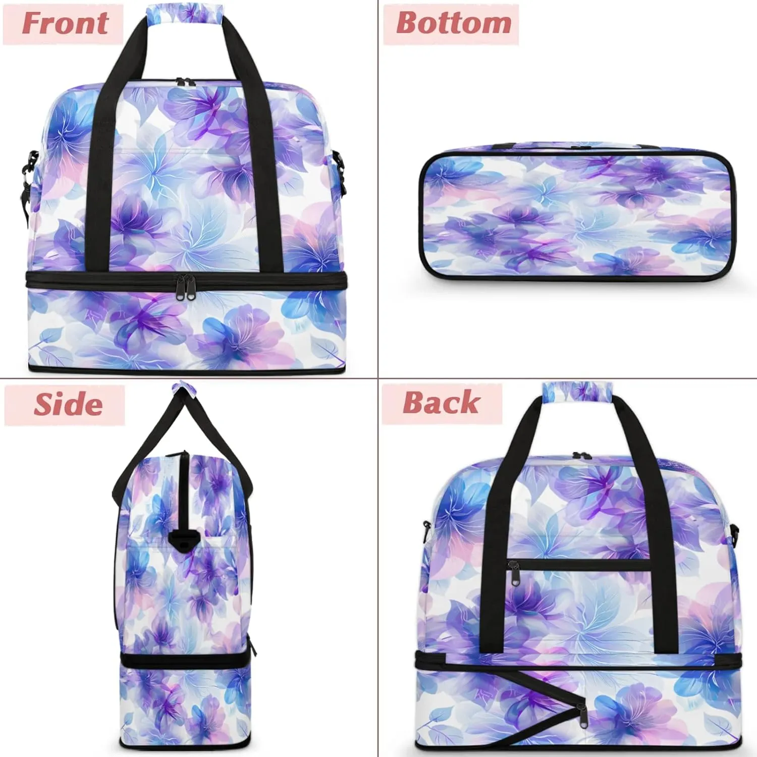 Purple Flower BeautifulTravel Duffel Bags for Women & Men Large Sports Gym Bags Foldie Weekender Overnight Bag Carry On Tote Bag With Shoe Compartment Personal Item Bag for Travel Sports Gym