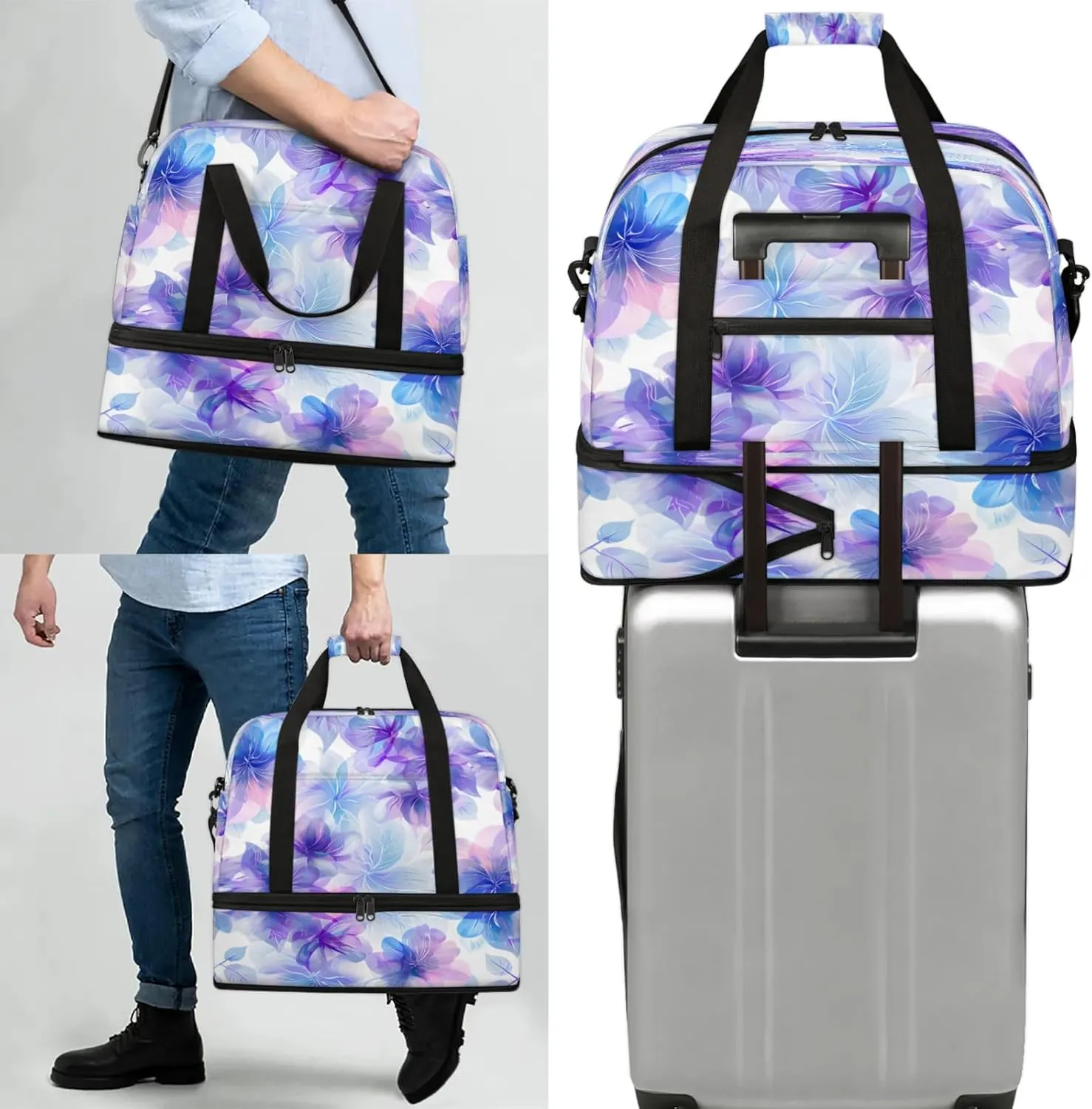 Purple Flower BeautifulTravel Duffel Bags for Women & Men Large Sports Gym Bags Foldie Weekender Overnight Bag Carry On Tote Bag With Shoe Compartment Personal Item Bag for Travel Sports Gym