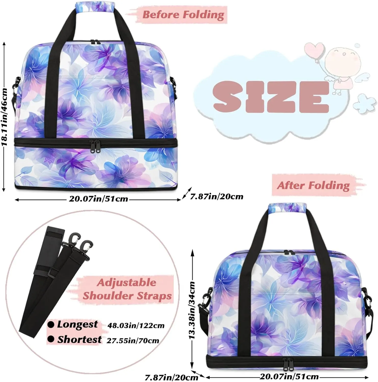 Purple Flower BeautifulTravel Duffel Bags for Women & Men Large Sports Gym Bags Foldie Weekender Overnight Bag Carry On Tote Bag With Shoe Compartment Personal Item Bag for Travel Sports Gym