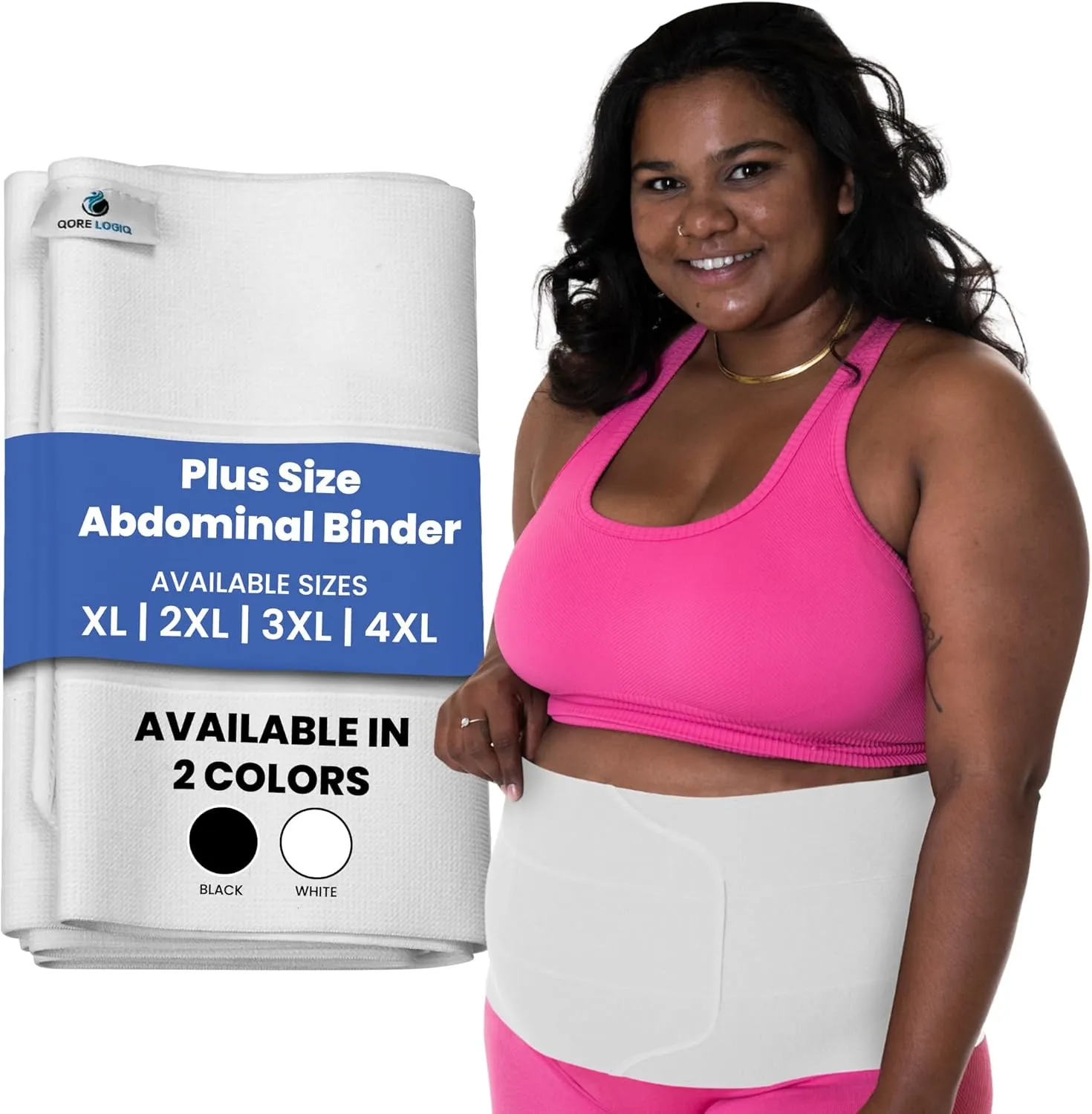 QORE LOGIQ Plus Size Abdominal Binder Post Surgery - C Section Belly Binder, Postpartum Belly Band, Adjustable 9" Compression Wrap for Stomach & Hernia Belt, White 4XL