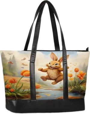 Rabbits Butterflies Flowers Laptop Tote Bag for Women Lightweight Work Purse with Multiple Compartments Fits 13-15.6 Inch Laptop Tablet Shoulder Bag for Office Travel Daily Use