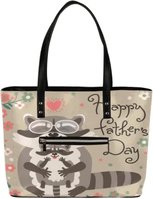 Raccoons Fathers Day Tote Bag Women Shoulder Handbags PU Leather Everyday Bag with External Pocket Large Capacity Aesthetic Corduroy Tote Bag for Travel Work Party