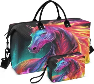Rainbow Fire Horse Travel Duffel Bag with Toiletry Bag Weekender Bag for Carry on Sports Gym Bag for Yoga Sports Gym