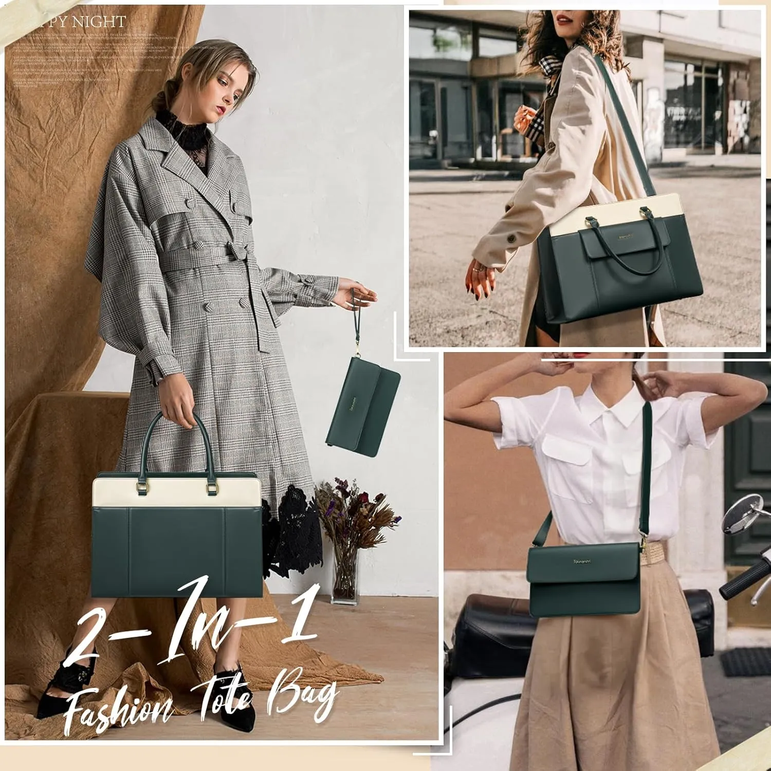 RAINSMORE Laptop Bag for Women 15.6 inch Leather Laptop Tote Bag Large Computer Bags Waterproof Business Office Work Bags Briefcase with Satchel Purse 2pcs Set, Dark Green