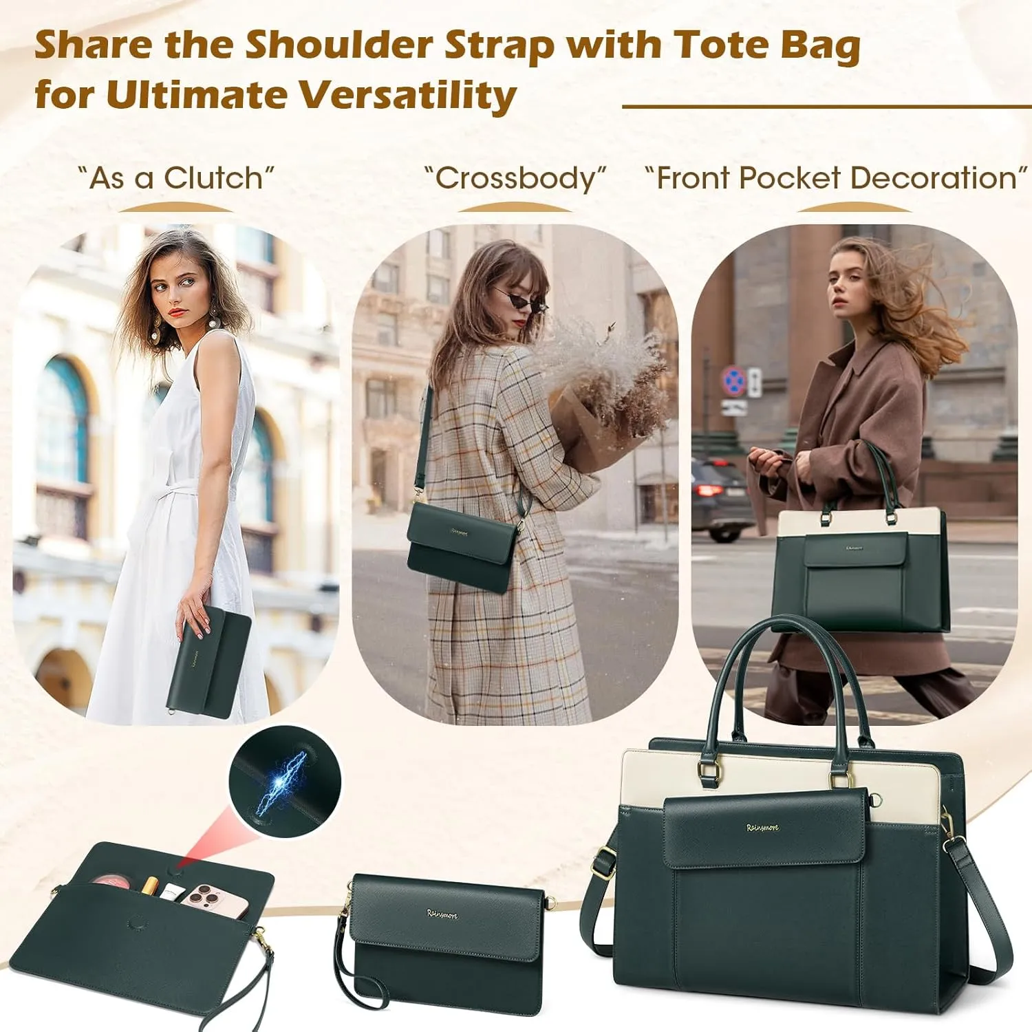 RAINSMORE Laptop Bag for Women 15.6 inch Leather Laptop Tote Bag Large Computer Bags Waterproof Business Office Work Bags Briefcase with Satchel Purse 2pcs Set, Dark Green