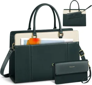 RAINSMORE Laptop Bag for Women 15.6 inch Leather Laptop Tote Bag Large Computer Bags Waterproof Business Office Work Bags Briefcase with Satchel Purse 2pcs Set, Dark Green