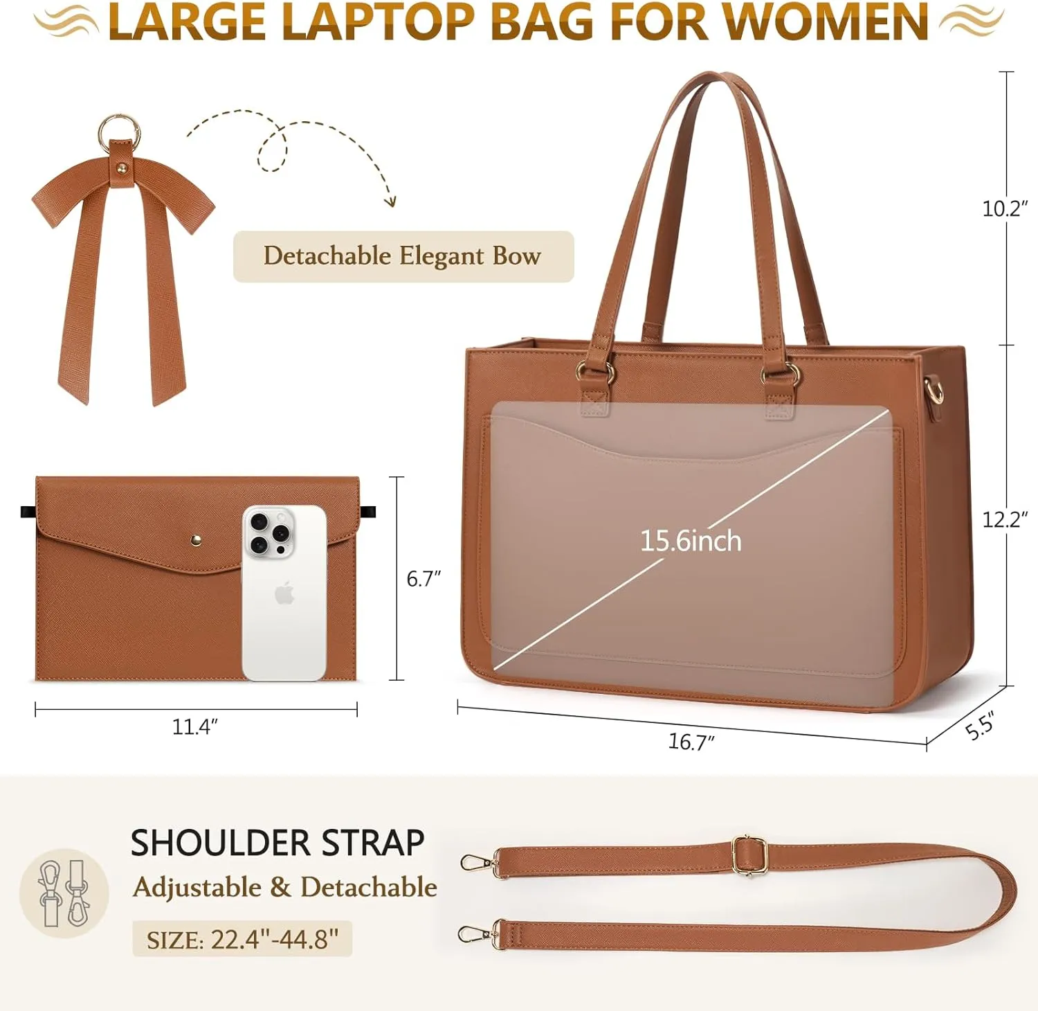 RAINSMORE Laptop Bag for Women 15.6 Inch Work Tote Bags Leather Laptop Tote Waterproof Computer Bag Professional Office Business Briefcase Large Handbag for College Teacher Travel, Brown