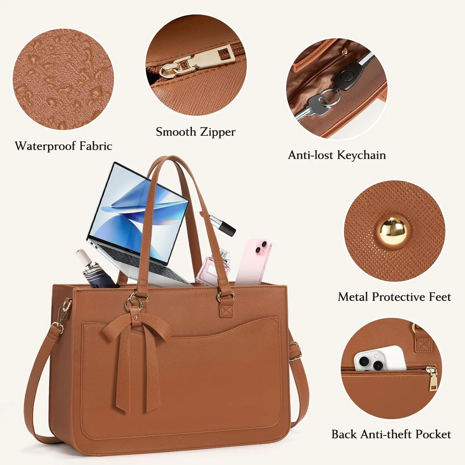 RAINSMORE Laptop Bag for Women 15.6 Inch Work Tote Bags Leather Laptop Tote Waterproof Computer Bag Professional Office Business Briefcase Large Handbag for College Teacher Travel, Brown