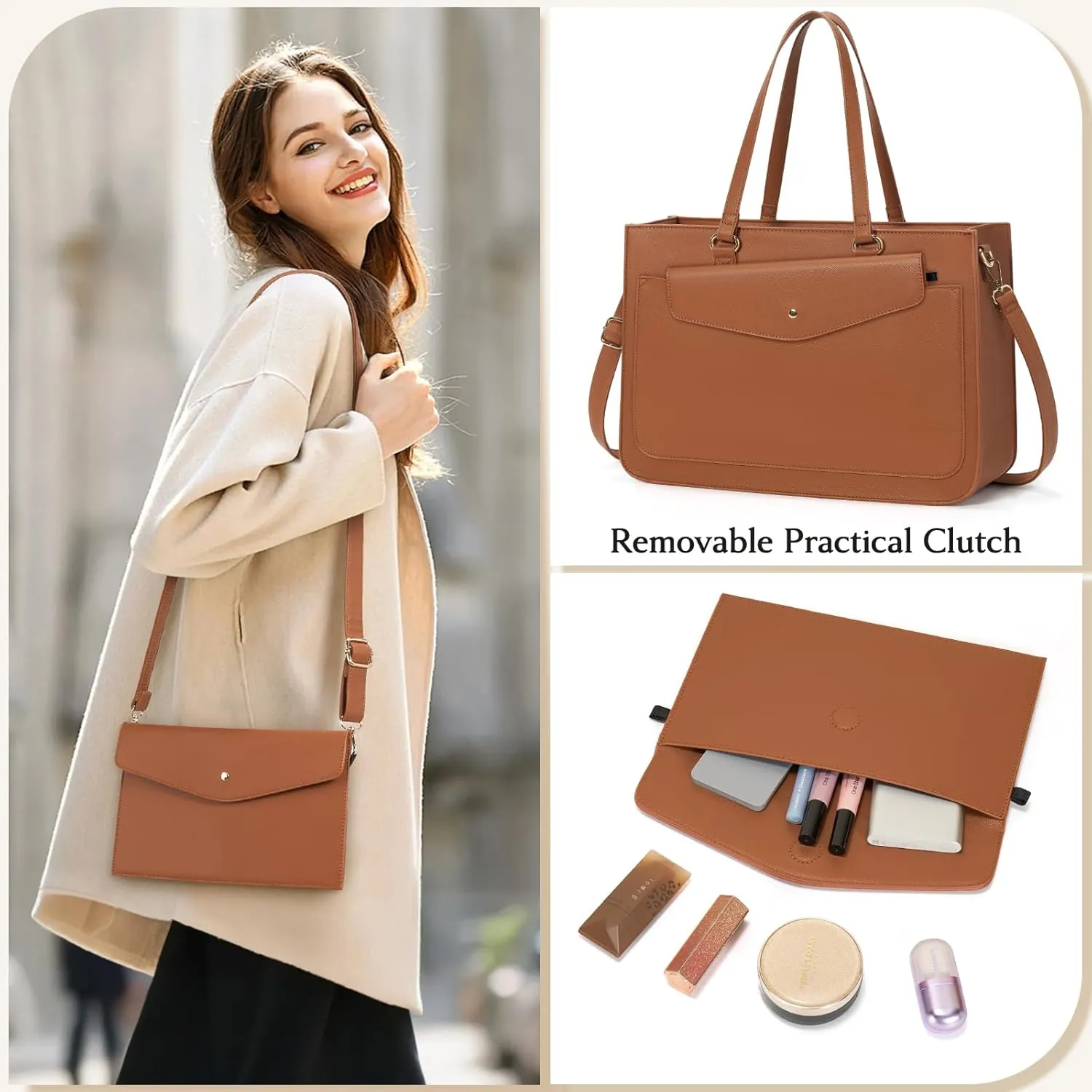 RAINSMORE Laptop Bag for Women 15.6 Inch Work Tote Bags Leather Laptop Tote Waterproof Computer Bag Professional Office Business Briefcase Large Handbag for College Teacher Travel, Brown