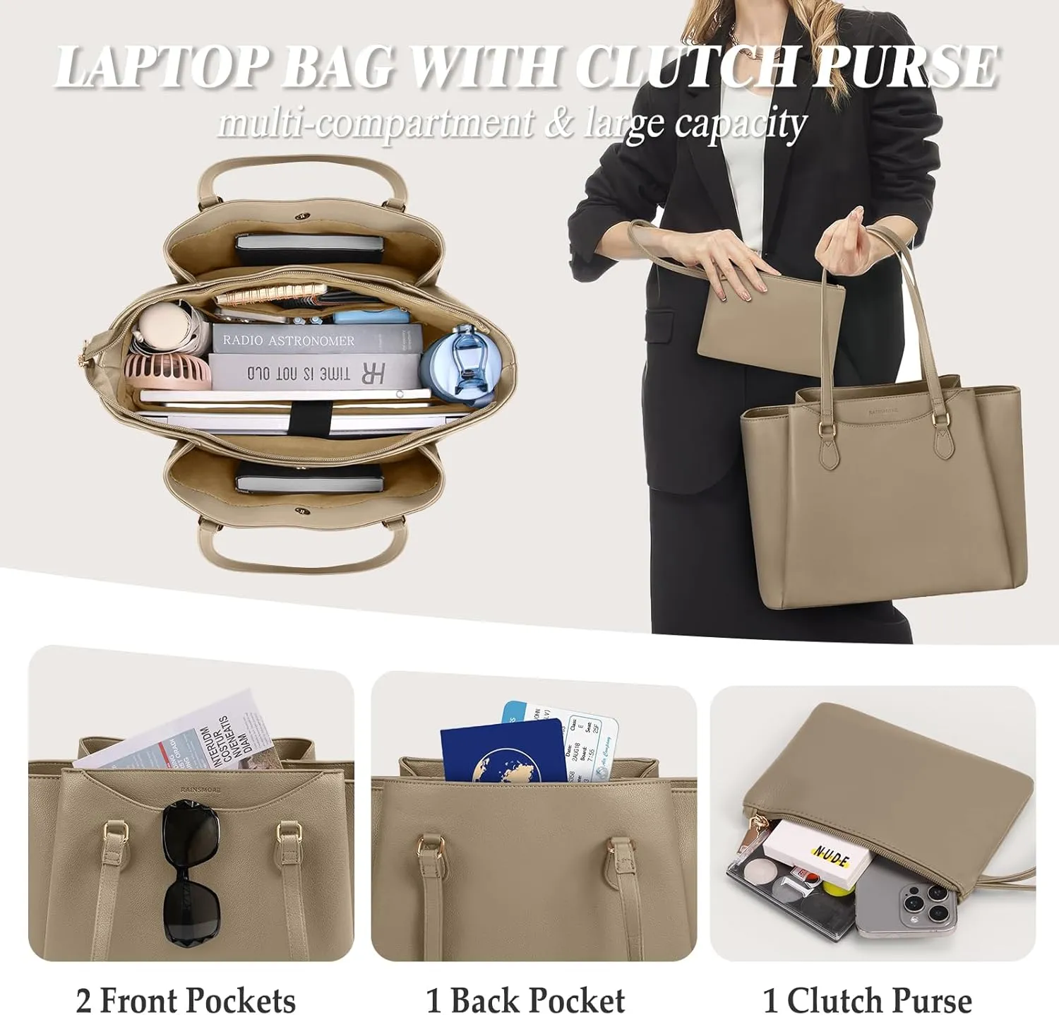 RAINSMORE Laptop Bag for Women 15.6 Inch Work Tote Waterproof Computer Bags Leather Purse Large Briefcase Handbag for Office