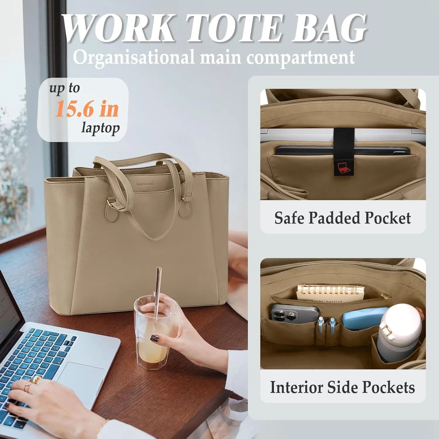 RAINSMORE Laptop Bag for Women 15.6 Inch Work Tote Waterproof Computer Bags Leather Purse Large Briefcase Handbag for Office