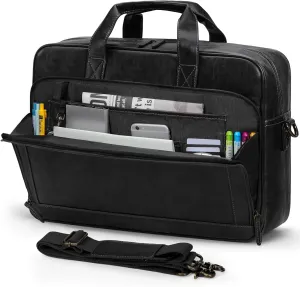 RAINSMORE Mens Laptop Bag 16 Inch Leather Briefcase Vintage Messenger Bag for Men Large Crossbody Shoulder Office Computer Bag Retro College Satchel for Work, Business,Travel, Black