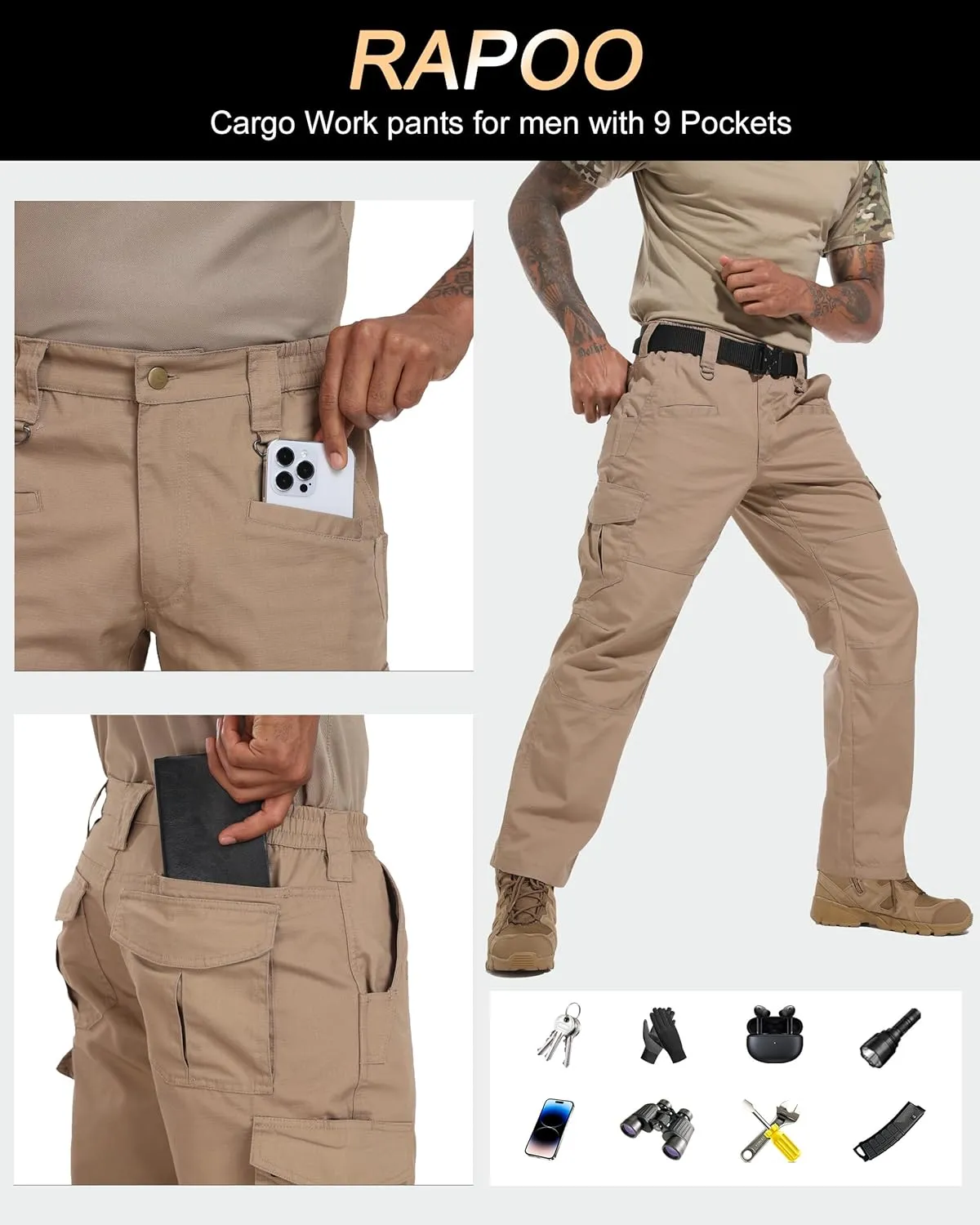 Rapoo Ripstop Water Resistant Cargo Tactical Pants for Men EDC Hiking Work Military Army Pants with 9 Pockets