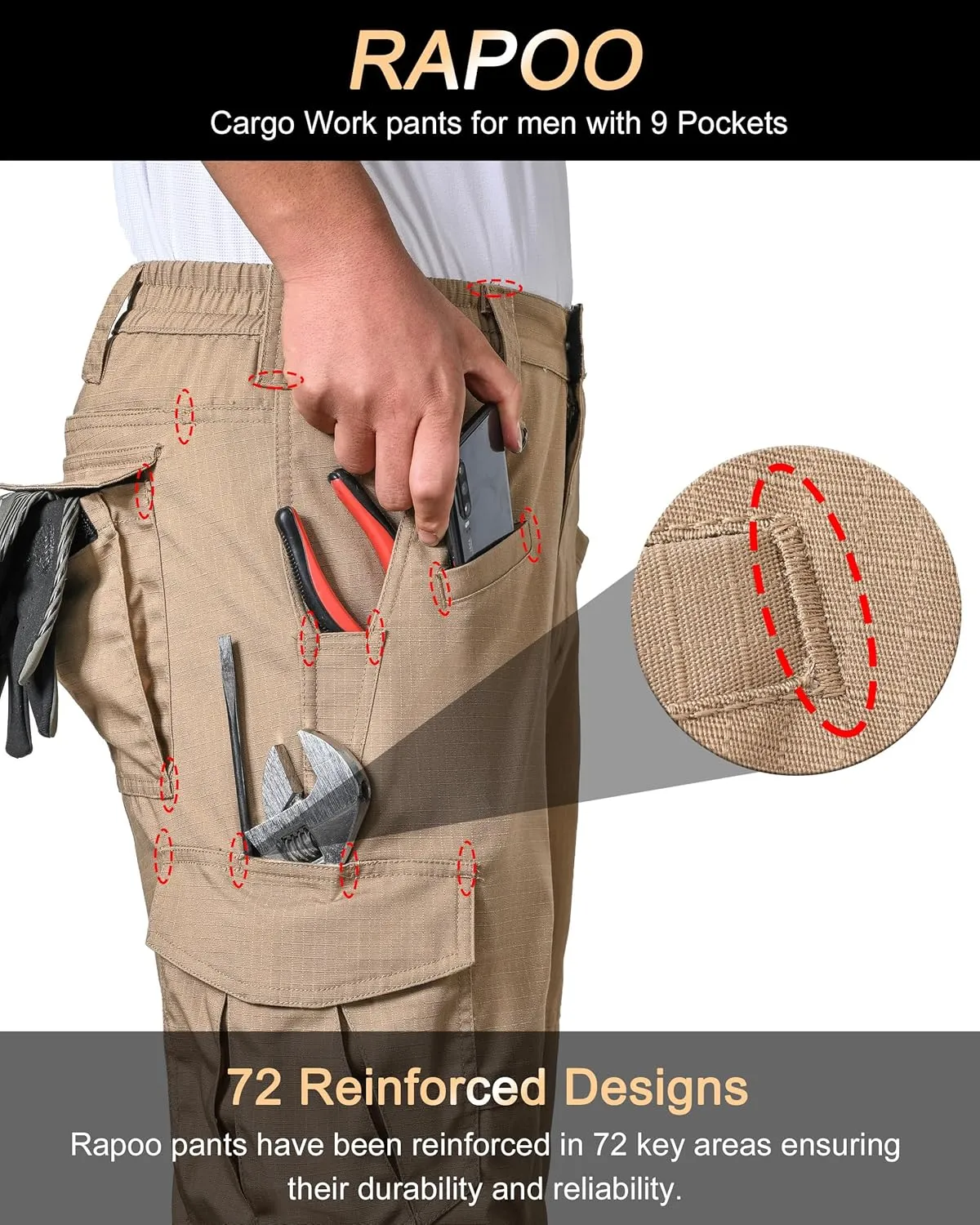Rapoo Ripstop Water Resistant Cargo Tactical Pants for Men EDC Hiking Work Military Army Pants with 9 Pockets