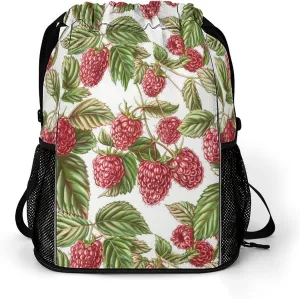 Raspberry Wild Fruit Strawberry Drawstring Backpack String Bag Sports Gym Sackpack with Side Pocket Shoes Compartment