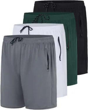 Real Essentials 4 Pack: Men's Mesh 7"/ 5"/ 3" Athletic Zipper Shorts Workout Gym Running Basketball (Big and Tall Available)