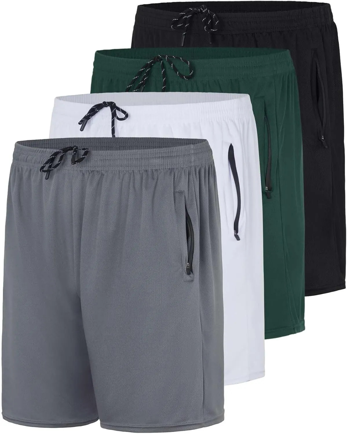 Real Essentials 4 Pack: Men's Mesh 7"/ 5"/ 3" Athletic Zipper Shorts Workout Gym Running Basketball (Big and Tall Available)