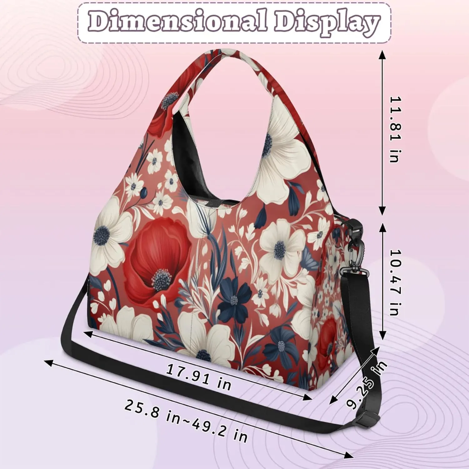 Red Bloom Charm Waterproof Gym Bag for Men Women, Sports Duffel Bag with Shoe Compartment Yoga Mat Holder, Portable Large Travel Bag for Fitness, Camping, Weekend Trips