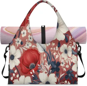 Red Bloom Charm Waterproof Gym Bag for Men Women, Sports Duffel Bag with Shoe Compartment Yoga Mat Holder, Portable Large Travel Bag for Fitness, Camping, Weekend Trips