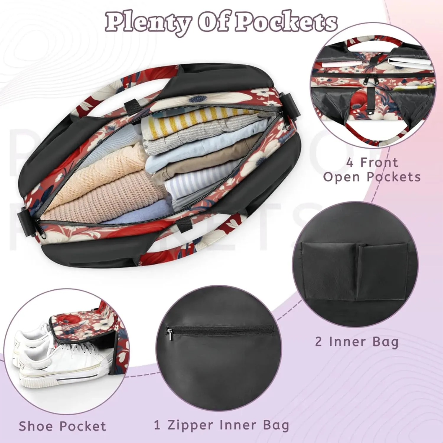 Red Bloom Charm Waterproof Gym Bag for Men Women, Sports Duffel Bag with Shoe Compartment Yoga Mat Holder, Portable Large Travel Bag for Fitness, Camping, Weekend Trips