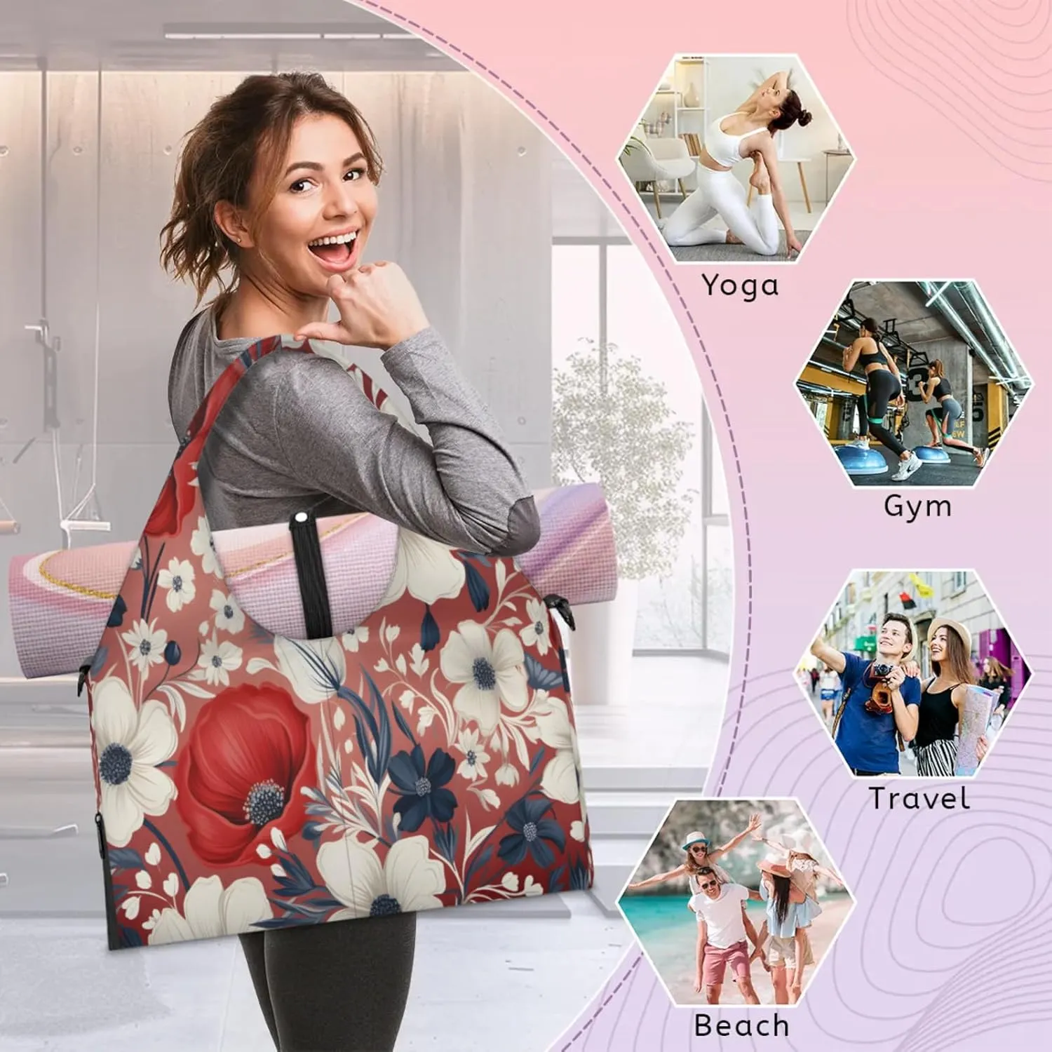 Red Bloom Charm Waterproof Gym Bag for Men Women, Sports Duffel Bag with Shoe Compartment Yoga Mat Holder, Portable Large Travel Bag for Fitness, Camping, Weekend Trips