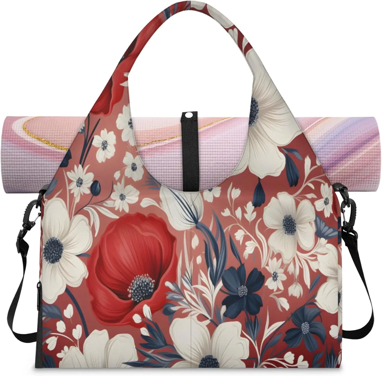 Red Bloom Charm Waterproof Gym Bag for Men Women, Sports Duffel Bag with Shoe Compartment Yoga Mat Holder, Portable Large Travel Bag for Fitness, Camping, Weekend Trips