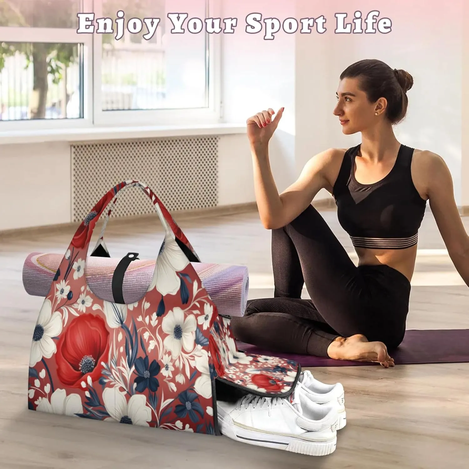 Red Bloom Charm Waterproof Gym Bag for Men Women, Sports Duffel Bag with Shoe Compartment Yoga Mat Holder, Portable Large Travel Bag for Fitness, Camping, Weekend Trips