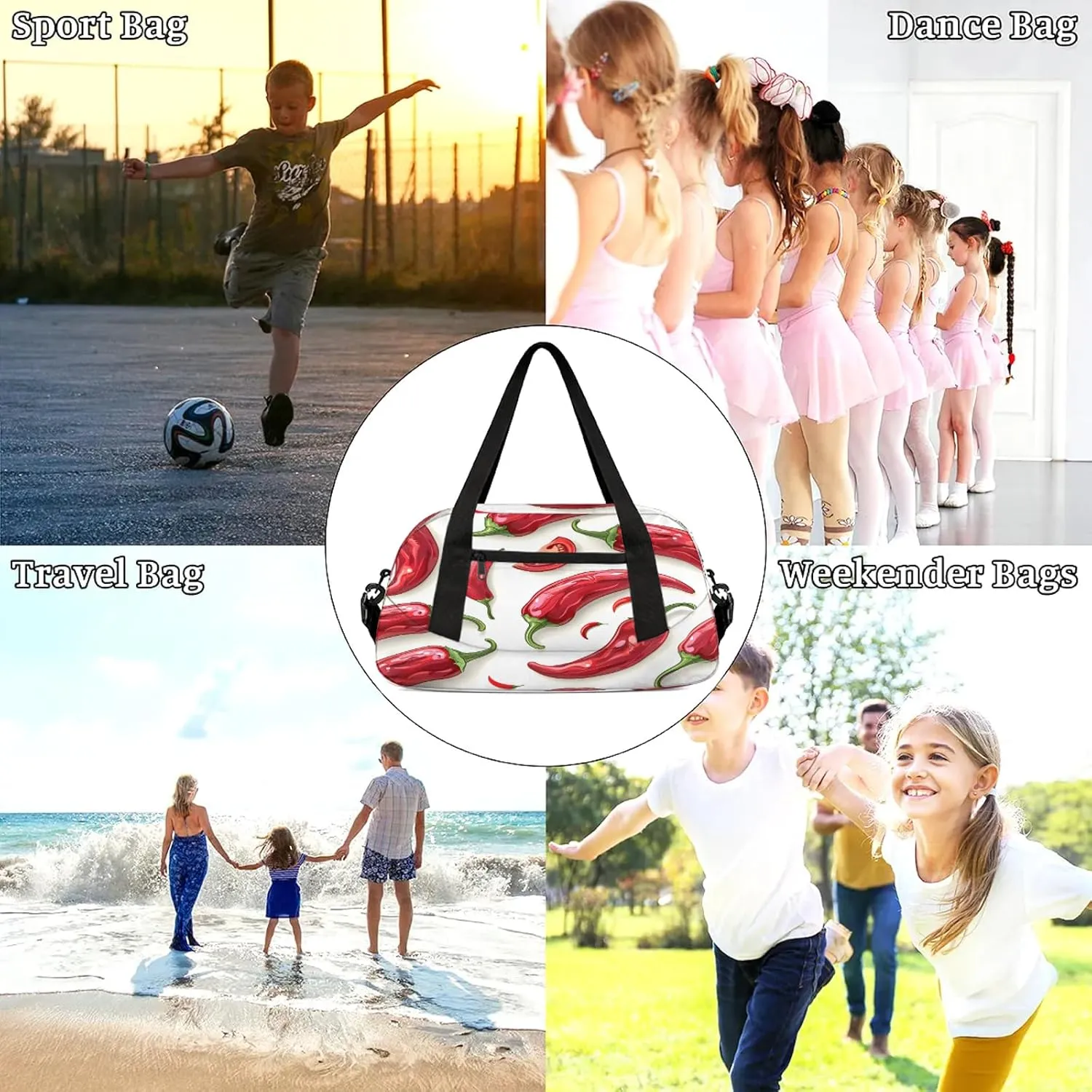 Red Chili Hot Pepper Kids Duffel Bag Lightweight Waterproof Sports Gym Bag with Front Zipper Pocket Foldable Weekender Overnight Bag for School Practice Gymnastic Ballet
