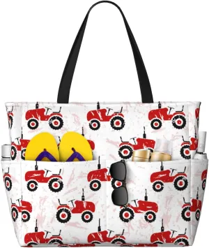 Red Wheeled Tractors Large Beach Bag Waterproof Sandproof Swim Tote Pool Bag For Women With Zipper