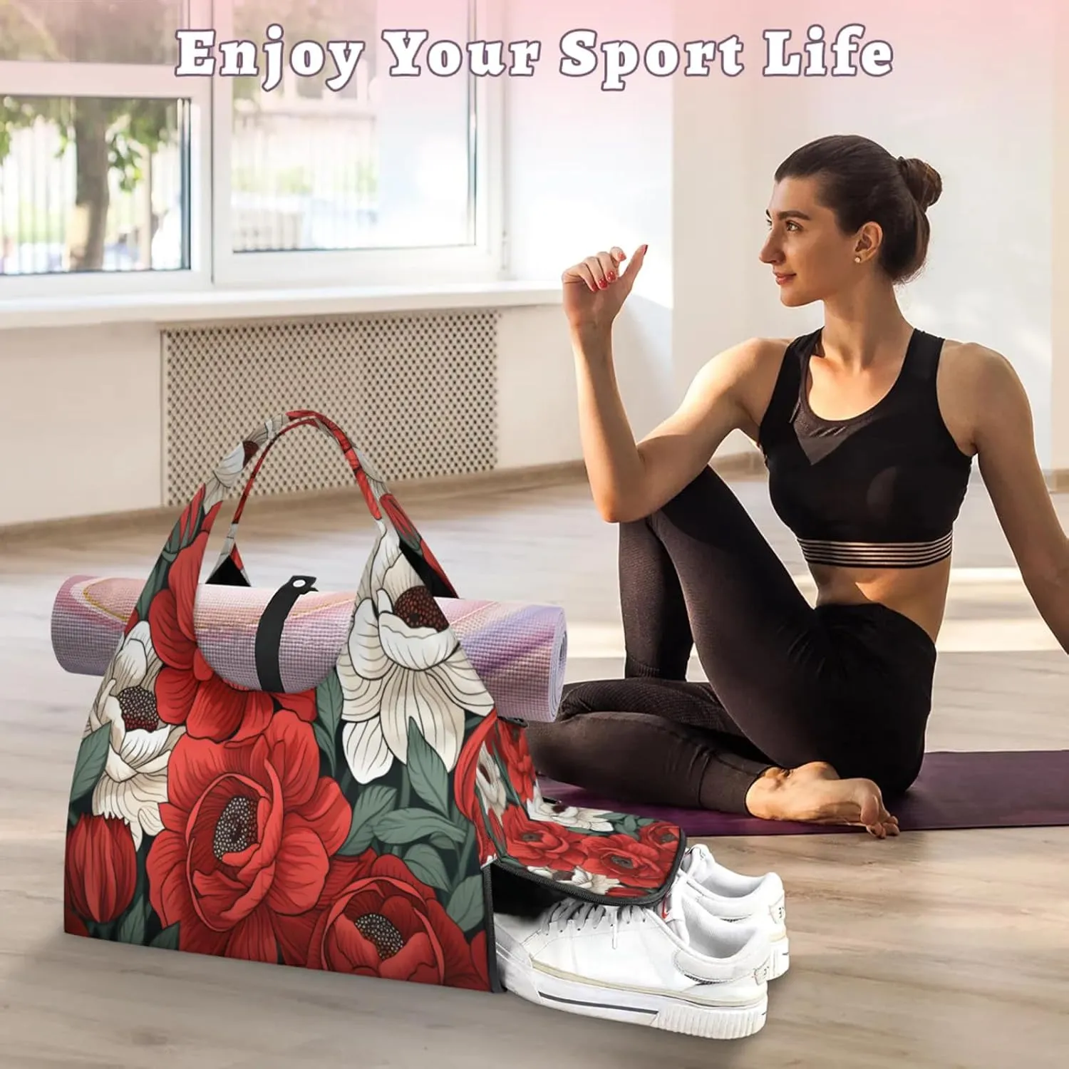 Red White Flower Charm Waterproof Gym Bag for Men Women, Sports Duffel Bag with Shoe Compartment Yoga Mat Holder, Portable Large Travel Bag for Fitness, Camping, Weekend Trips