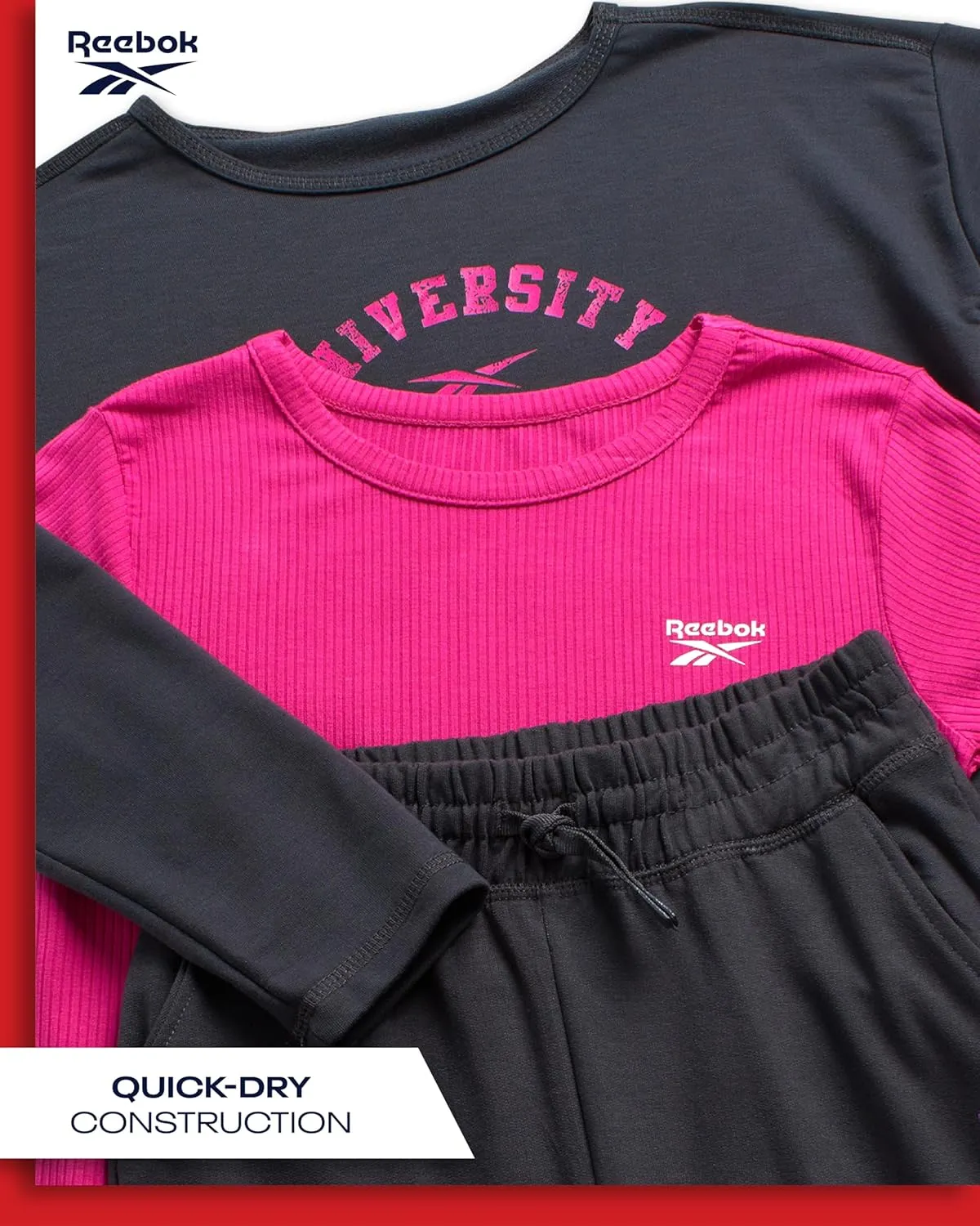Reebok Girls' Active Leggings Set - 3 Piece Mesh Shirt, Capri Leggings, and Crop Cami Sports Bra - Summer Activewear (7-12)