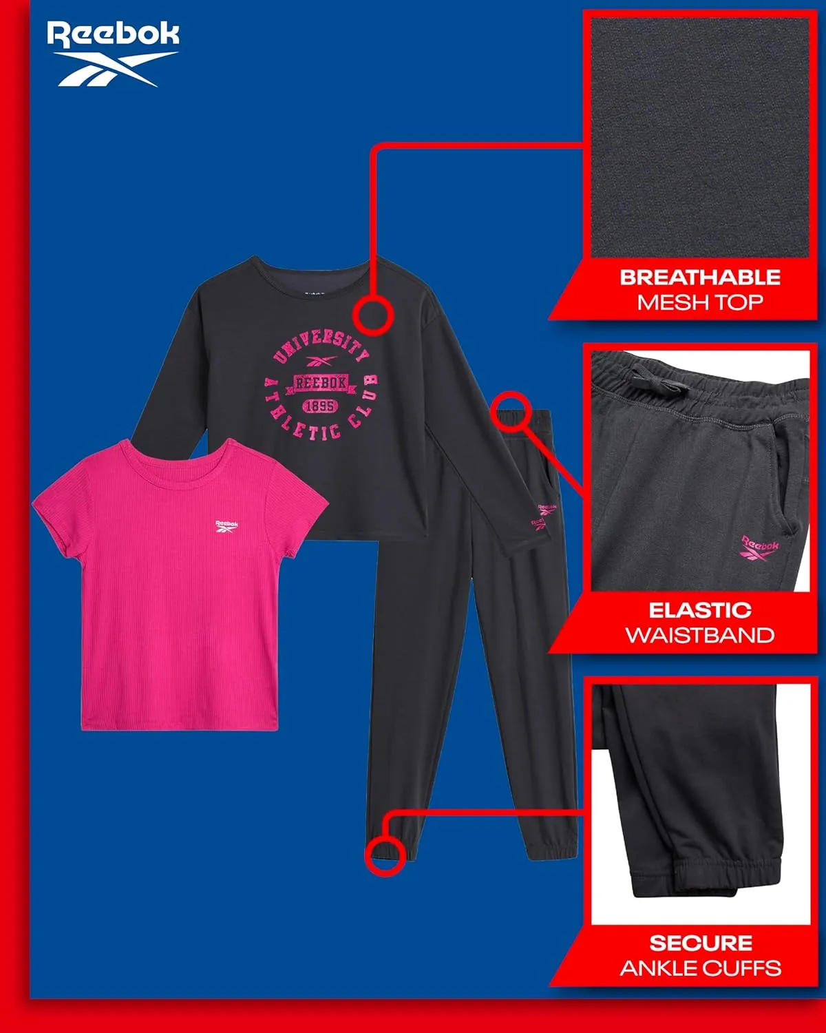 Reebok Girls' Active Leggings Set - 3 Piece Mesh Shirt, Capri Leggings, and Crop Cami Sports Bra - Summer Activewear (7-12)