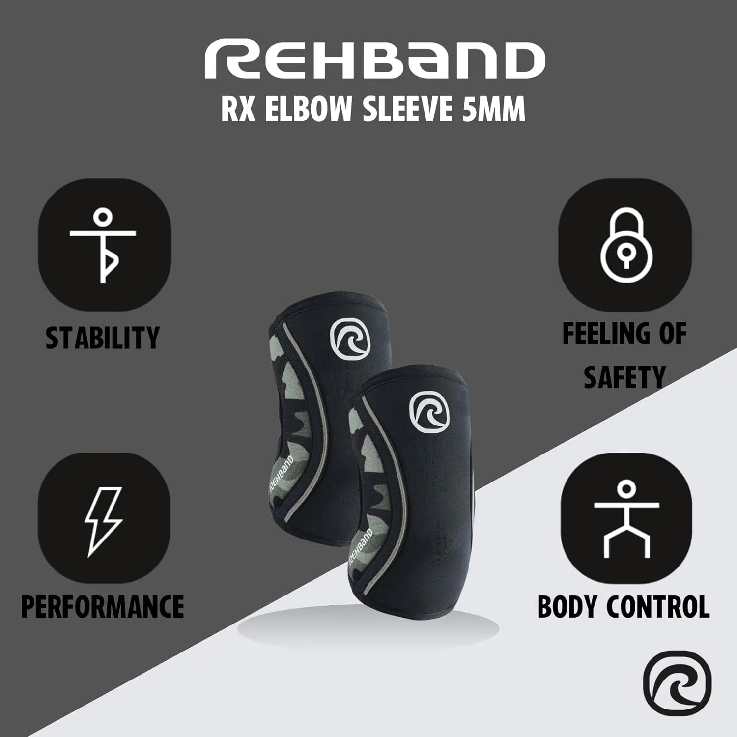 Rehband Elbow 5mm Compression Sleeve, Neoprene Elbow Sleeves for Weightlifting, Anatomical Design, Non-Slip & Close Fitting, Elbow Support Unisex, Colour:Camo - 1 Pair, Size:X-Large
