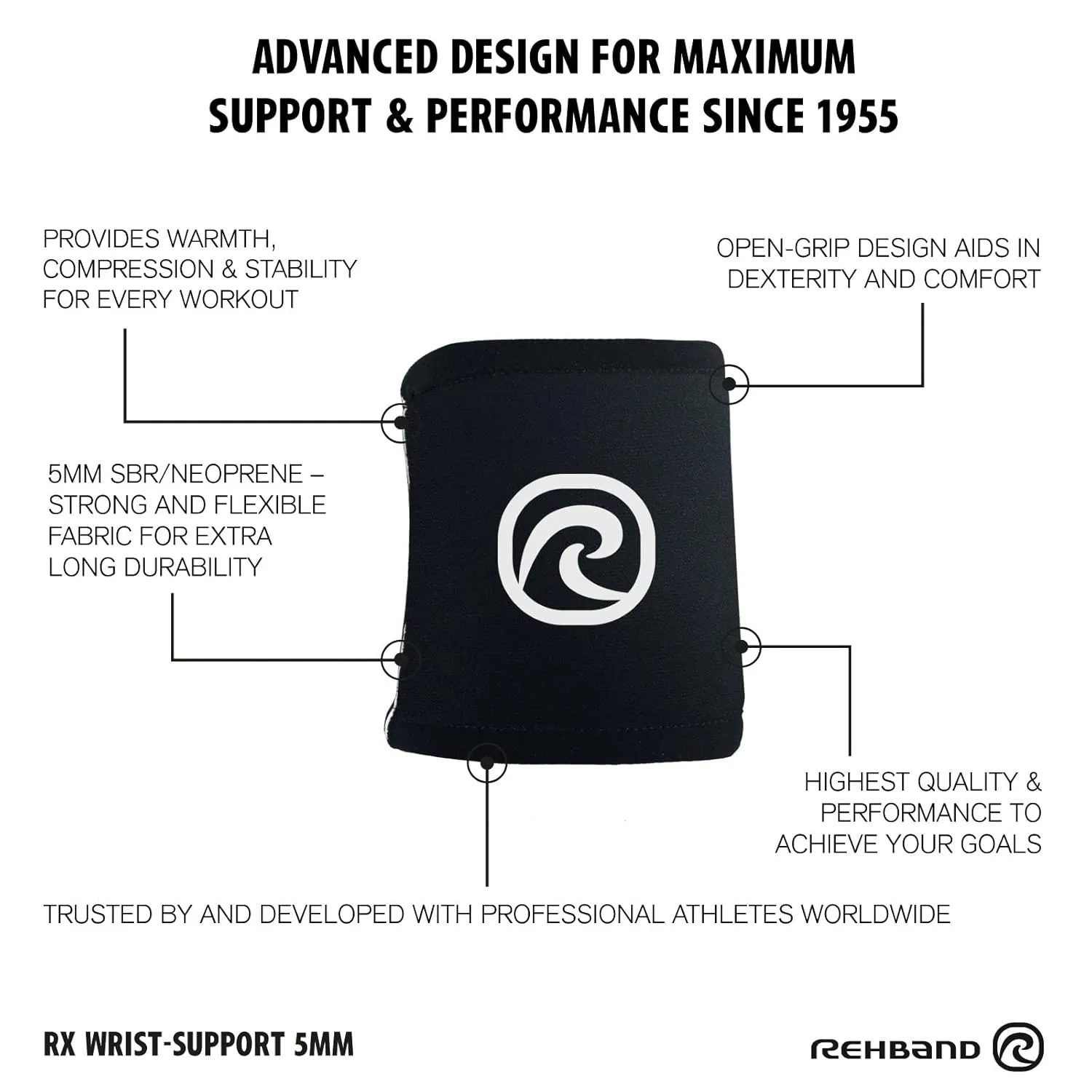 Rehband Neoprene Wrist Sleeves, 1 pair, Wrist support 5mm neoprene stabilizes wrist during workout, improves control & stability, Colour:Black, Size:Small