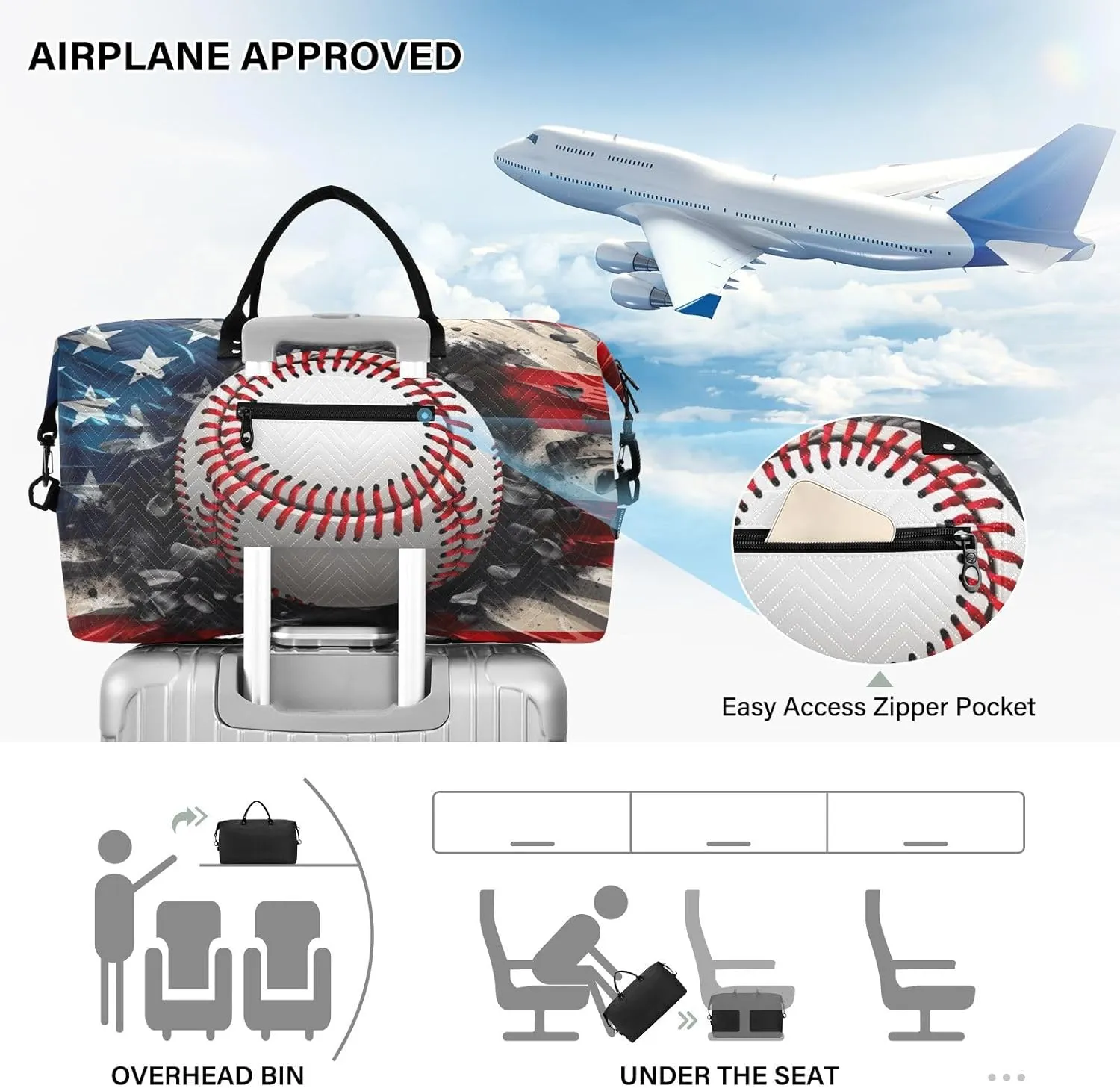 Retro America Flag Baseball Sports Gym Bag for Women Men Travel Duffel Bag Weekend Overnight Carry on Bag with Toiletry Bag Training Handbag for Swimming Yoga Workout Hospital Plane