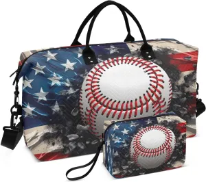 Retro America Flag Baseball Sports Gym Bag for Women Men Travel Duffel Bag Weekend Overnight Carry on Bag with Toiletry Bag Training Handbag for Swimming Yoga Workout Hospital Plane