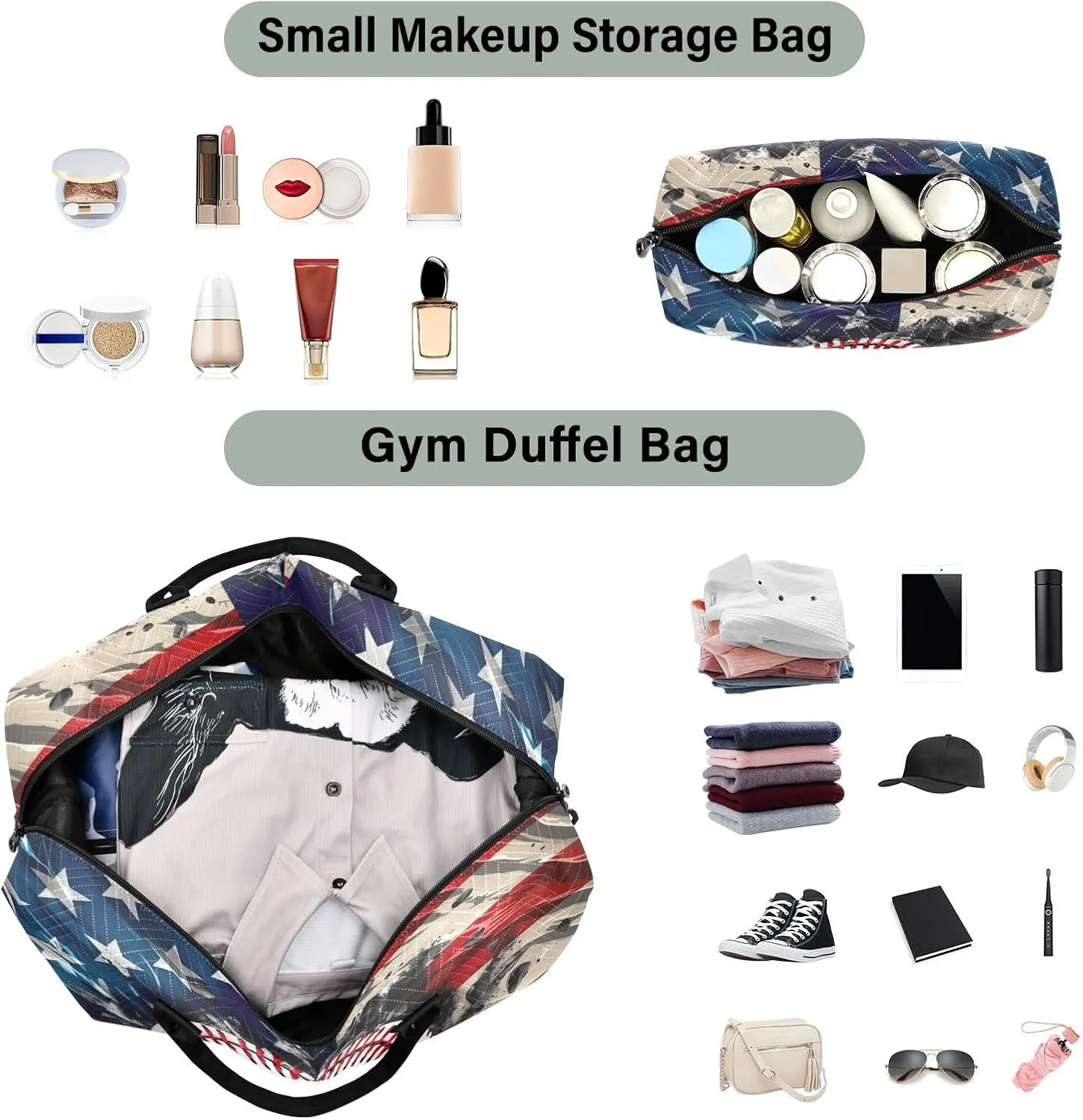 Retro America Flag Baseball Sports Gym Bag for Women Men Travel Duffel Bag Weekend Overnight Carry on Bag with Toiletry Bag Training Handbag for Swimming Yoga Workout Hospital Plane