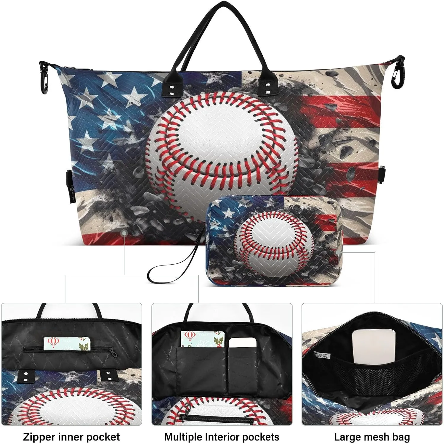 Retro America Flag Baseball Sports Gym Bag for Women Men Travel Duffel Bag Weekend Overnight Carry on Bag with Toiletry Bag Training Handbag for Swimming Yoga Workout Hospital Plane