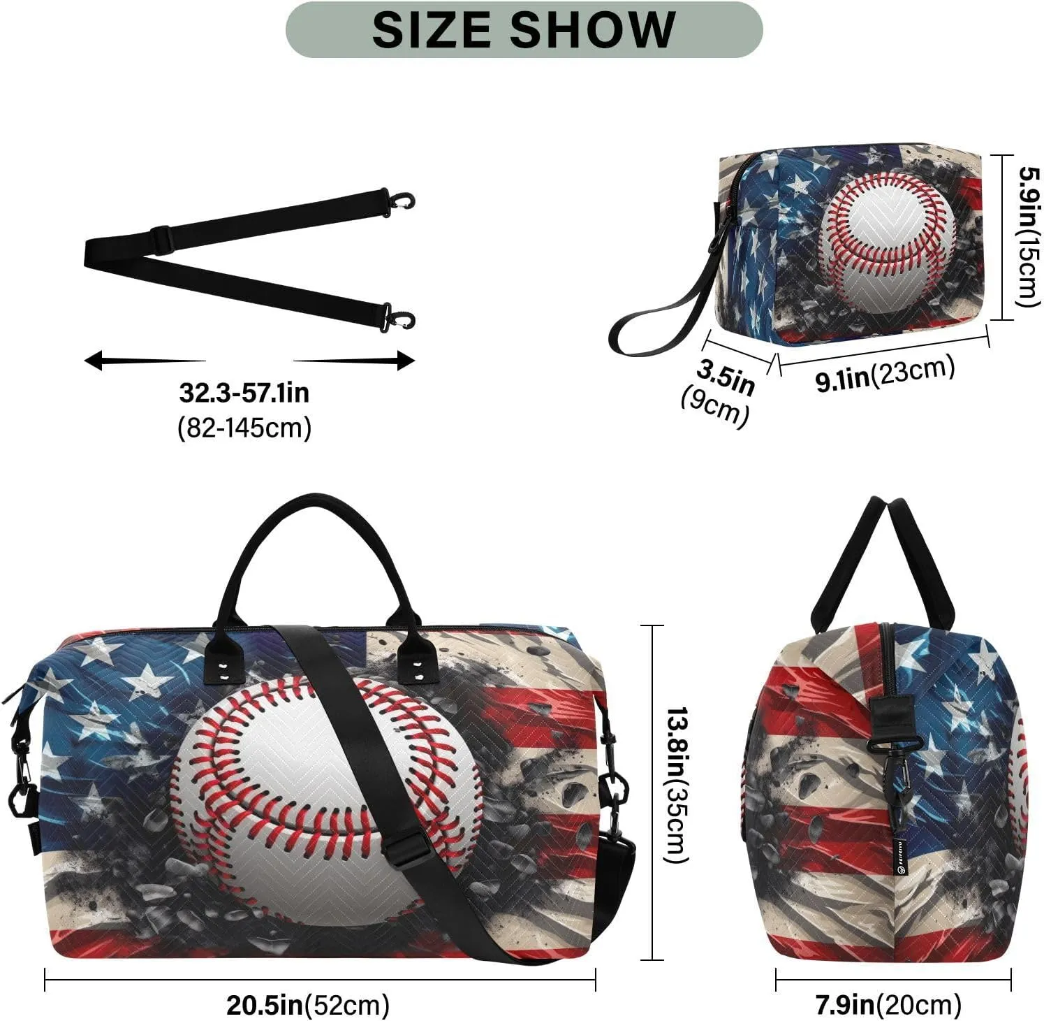 Retro America Flag Baseball Sports Gym Bag for Women Men Travel Duffel Bag Weekend Overnight Carry on Bag with Toiletry Bag Training Handbag for Swimming Yoga Workout Hospital Plane