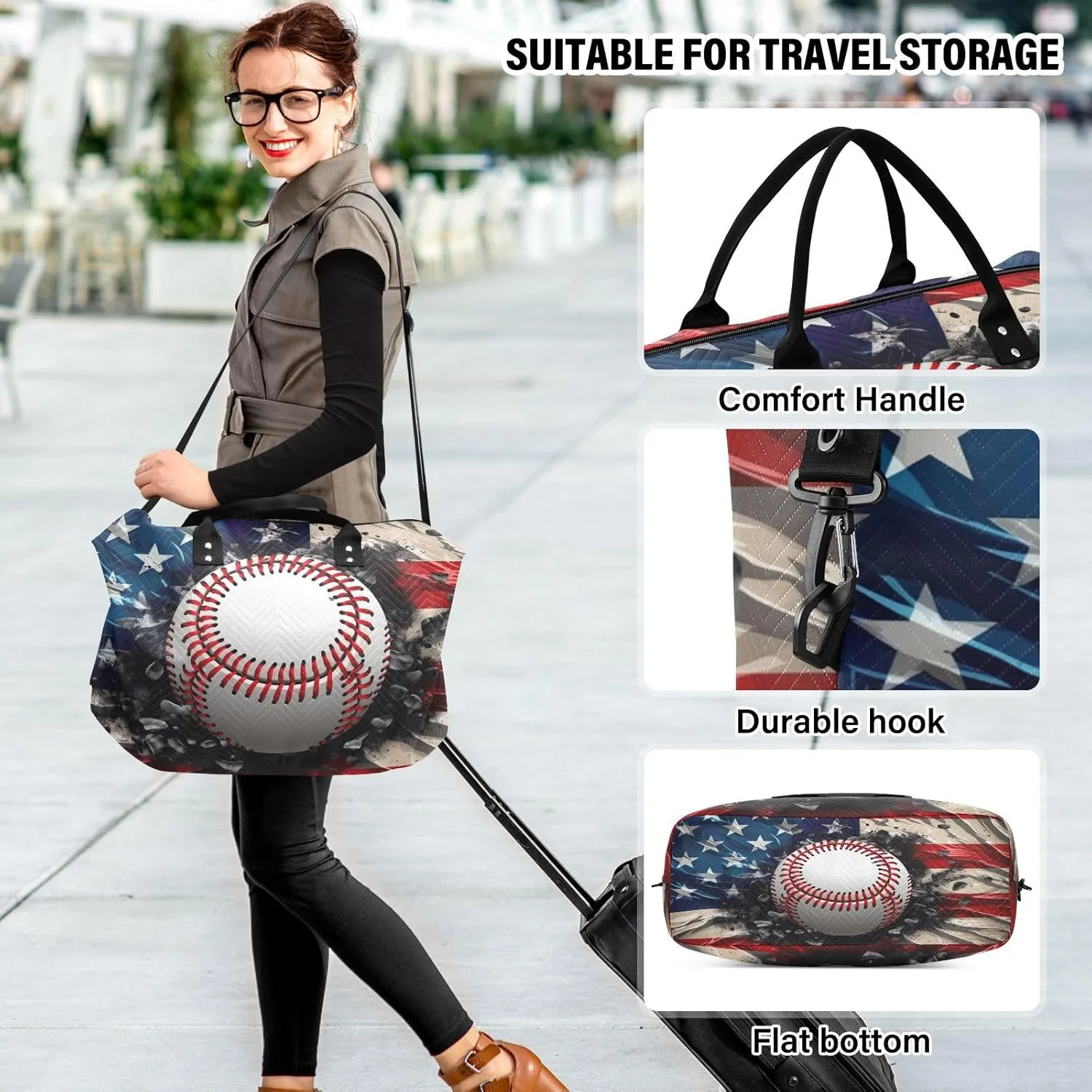 Retro America Flag Baseball Sports Gym Bag for Women Men Travel Duffel Bag Weekend Overnight Carry on Bag with Toiletry Bag Training Handbag for Swimming Yoga Workout Hospital Plane
