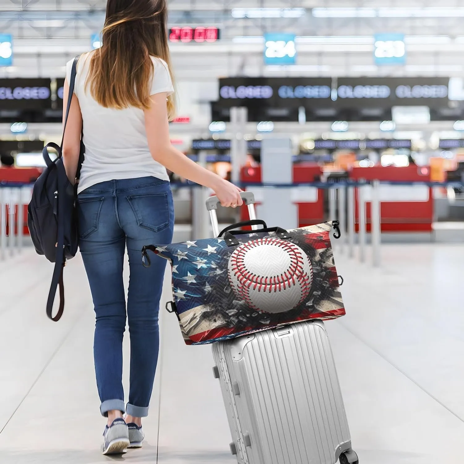 Retro America Flag Baseball Sports Gym Bag for Women Men Travel Duffel Bag Weekend Overnight Carry on Bag with Toiletry Bag Training Handbag for Swimming Yoga Workout Hospital Plane