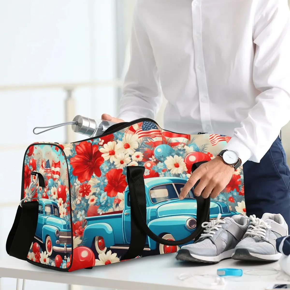 Retro Truck Travel Duffel Bag for Women Men Waterproof Foldable Overnight Weekender Bag Large Capacity Sports Gym Bag