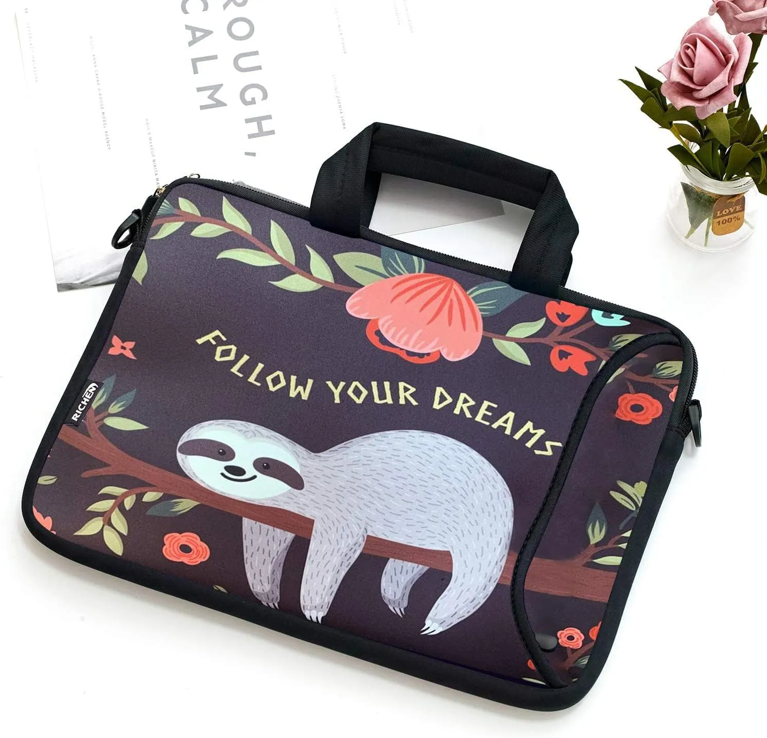 RICHEN 14 15 15.4 15.6 inch Laptop Shoulder Bag Messenger Bag Notebook Handle Sleeve Neoprene Carrying Tablet Case with Accessories Pocket (14-15.6 inch, Sloth)