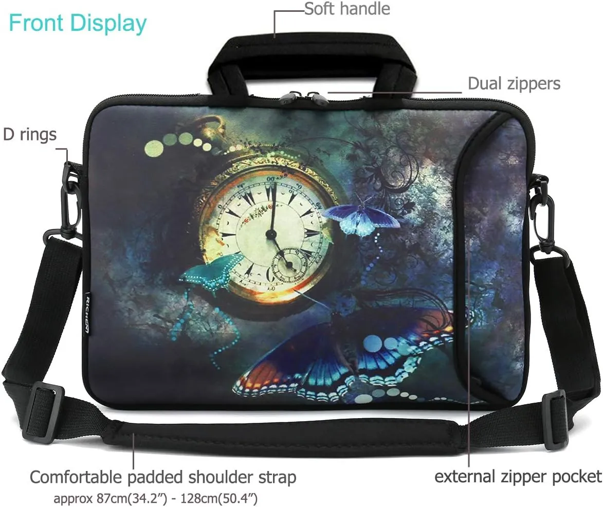 RICHEN 17 inch Laptop Shoulder Bag Carrying Case PC Cover Pouch with Handle Fits 15.6/16/17/17.3/17.4 inch Notebook (16-17.3 inch, Clock & Butterfly)