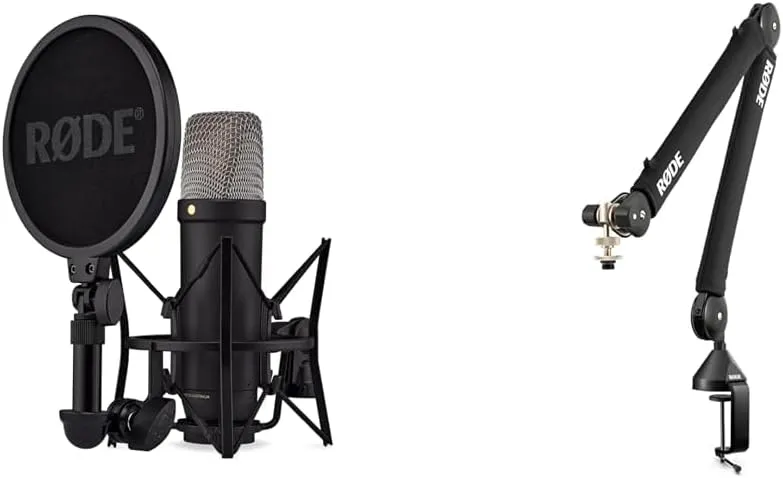 Rode NT1 5th Generation Condenser Microphone with SM6 Shockmount and Pop Filter - Black & PSA1  Desk-Mounted Broadcast Microphone Boom Arm