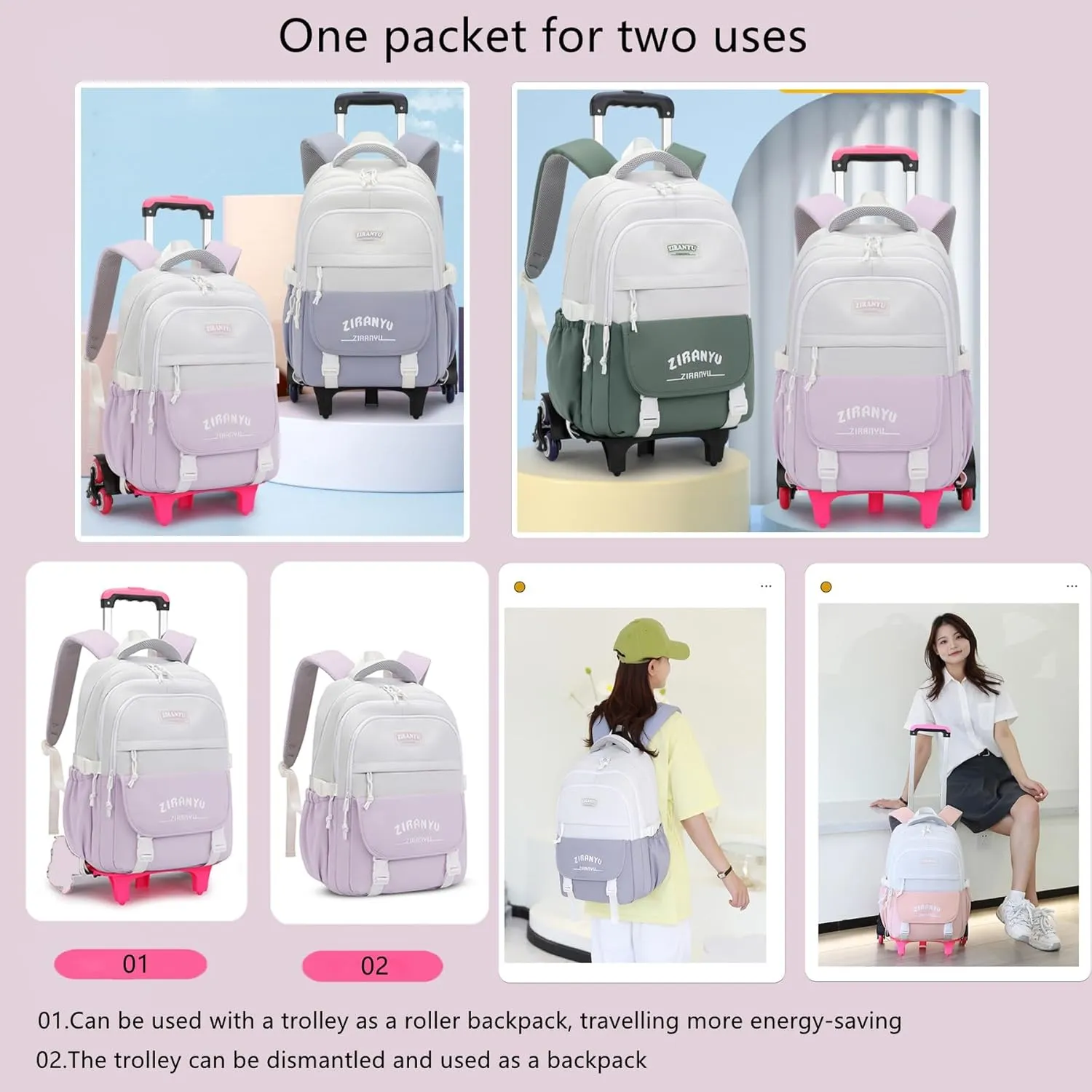 Rolling Backpack,Backpack with Wheels for Boys,Capacity Wheeled Bookbag for School,Roller Backpack