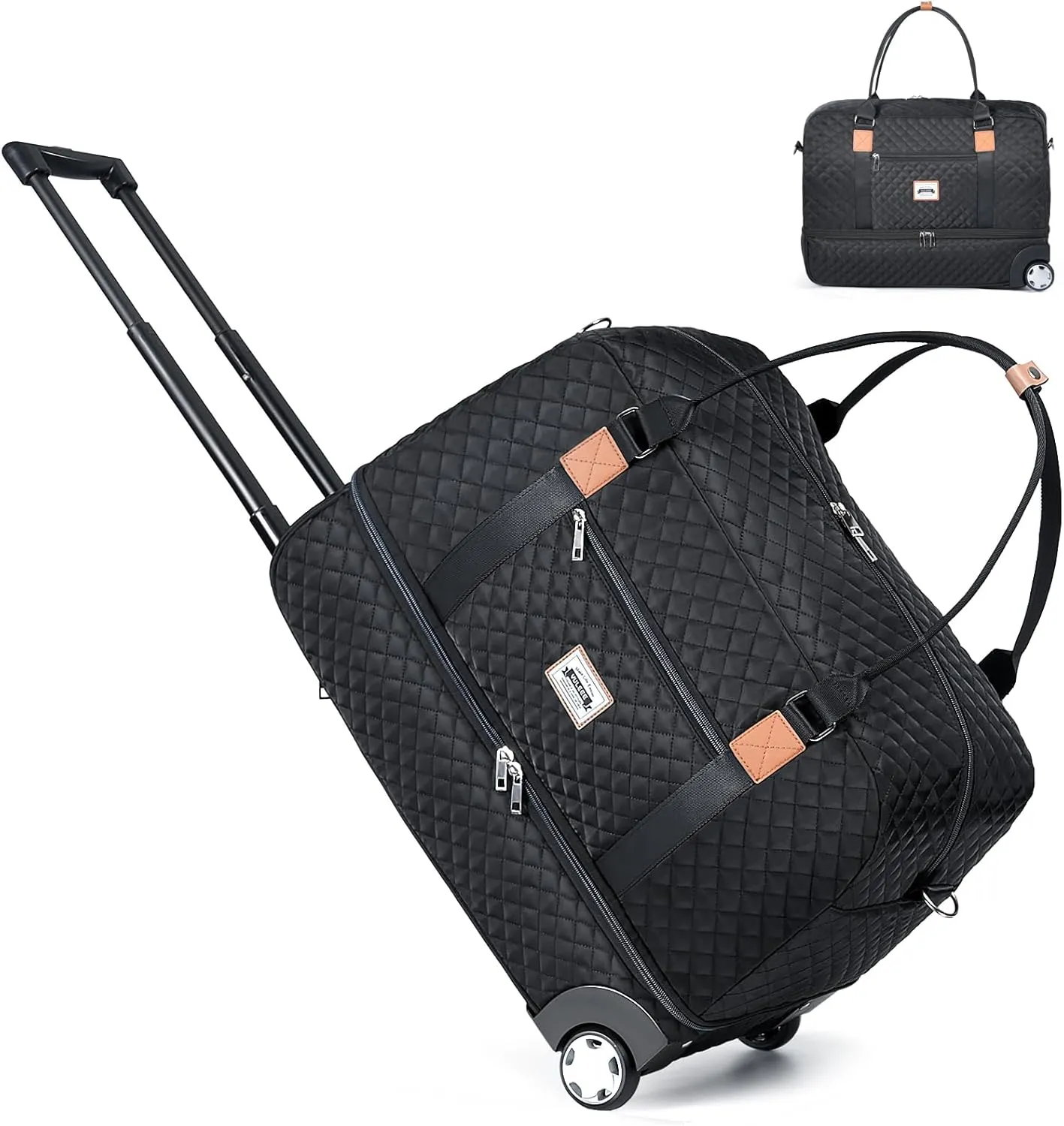 Rolling Duffle Bag With Wheels -50L Large Weekender Bag for Women with Shoe Compartment,Carry on Wheeled duffel Bags for Overnight Business Trips Gym Hospital Black
