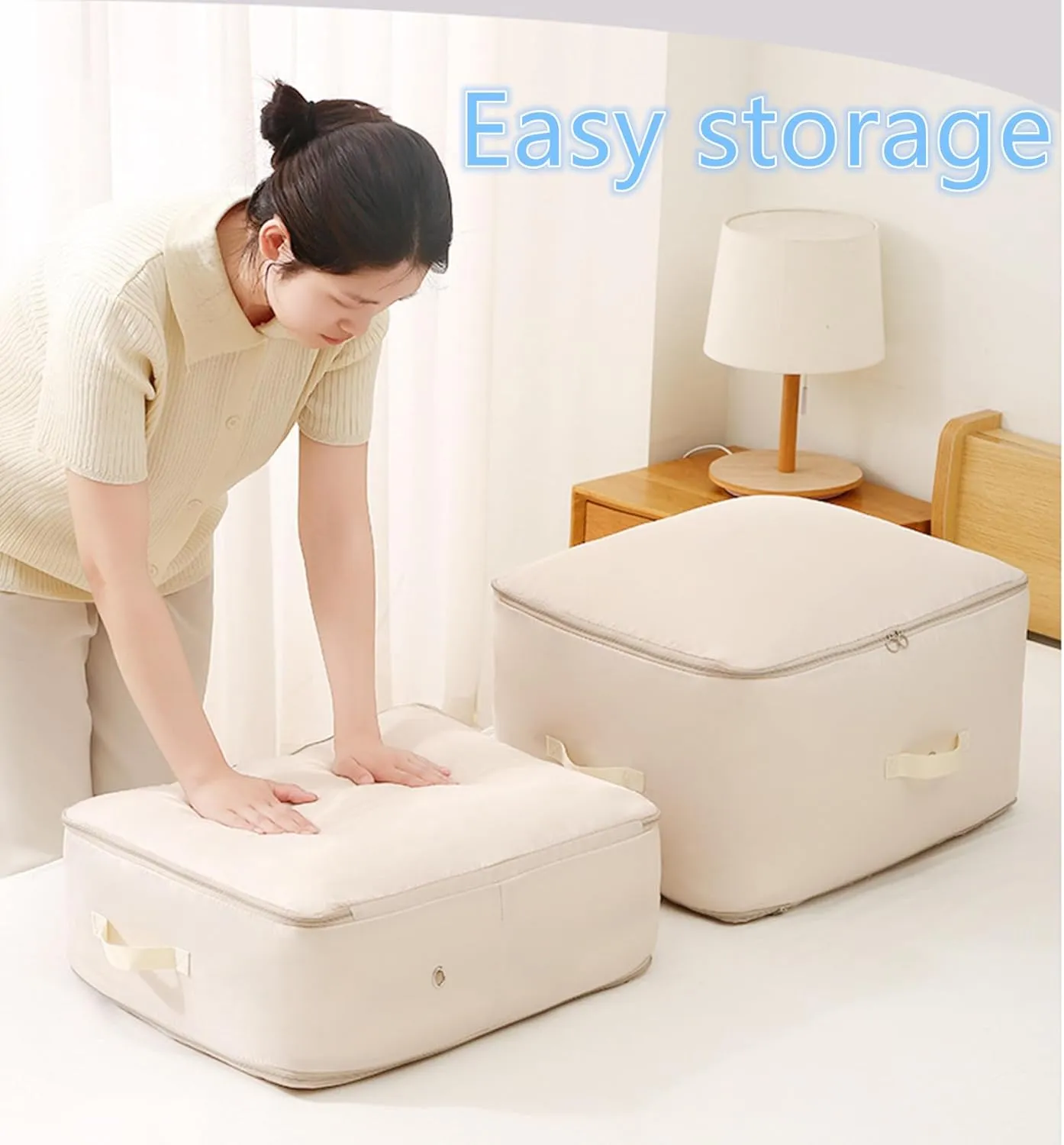 Romancte Ultra Space Saving Self Compression Organizer, Spiritukal Storage Bag Large Capacity, Travel Packing Organizers Storage Tote for Clothes, Comforters, Blankets (Beige,L)