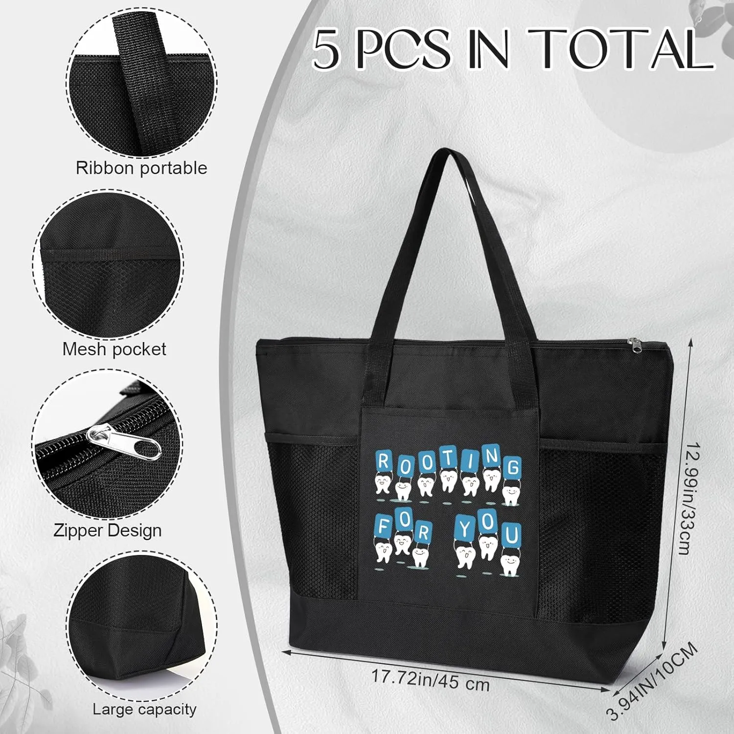 Roowest 5 Pcs Dentist Dental Assistant Appreciation Week Gifts Tote Bags with Mesh Pockets Tote Bags with Zipper for Work Gifts Women for Dental Assistant Doctor Nurse (Black)